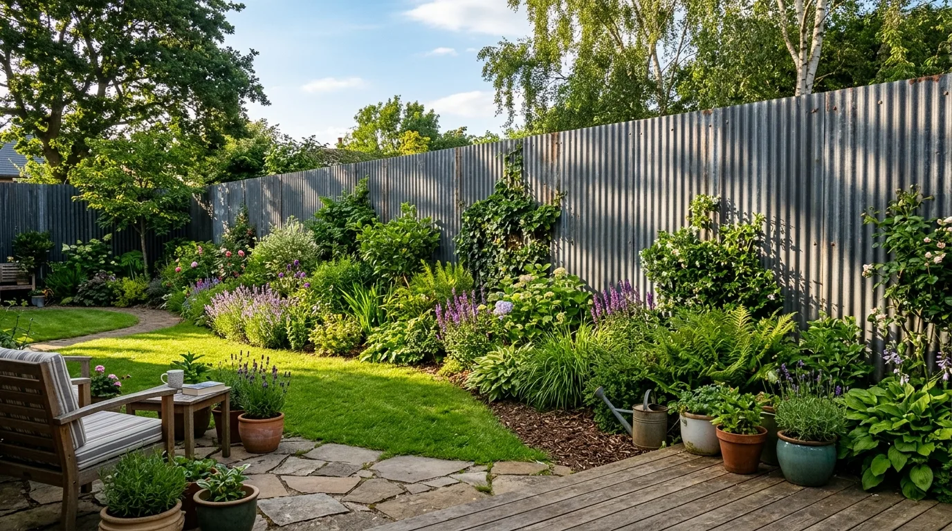 Backyard With Tall Sheet Metal Fence